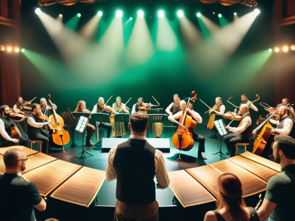 Concierto celta: fusión de tradición y modernidad Concierto celta en arte moderno: Audiencia cautivada por músicos en un escenario iluminado con luces dinámicas