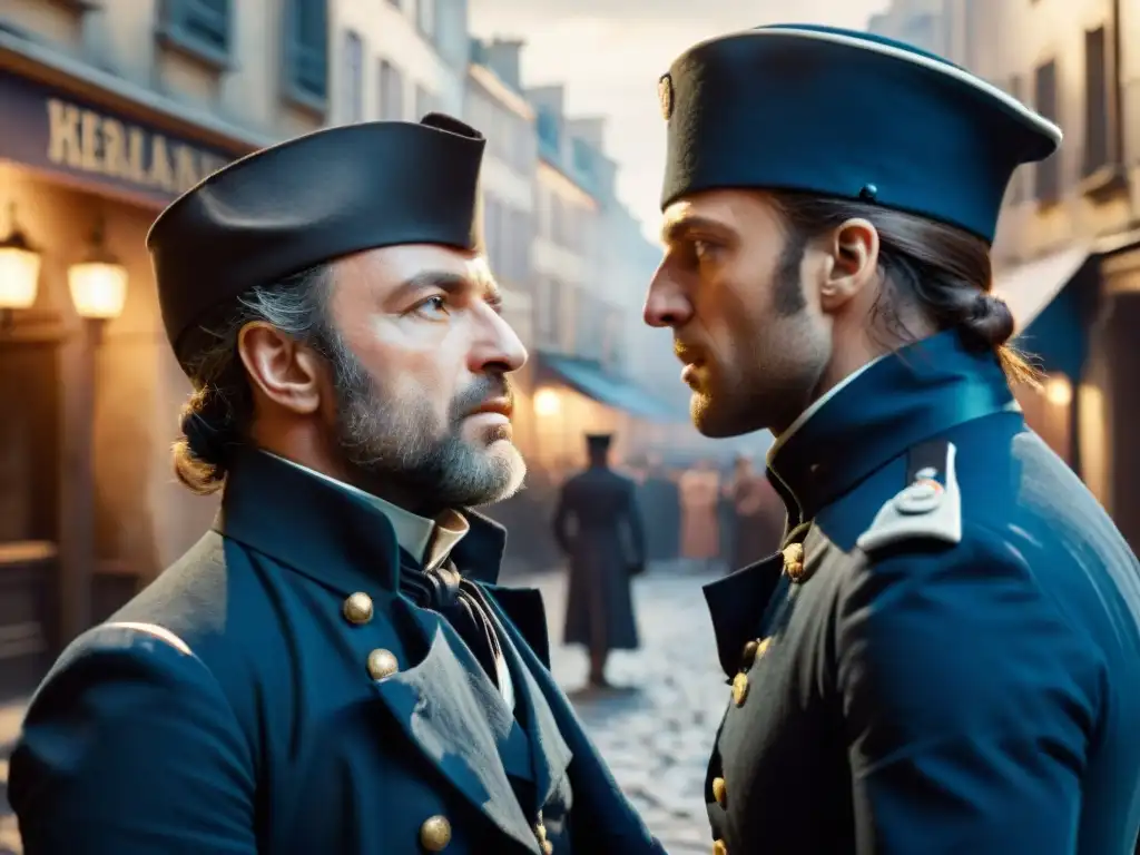 Confrontación tensa entre Javert y Jean Valjean en las calles de Francia del siglo XIX, reflejando los poderes en Los Miserables análisis