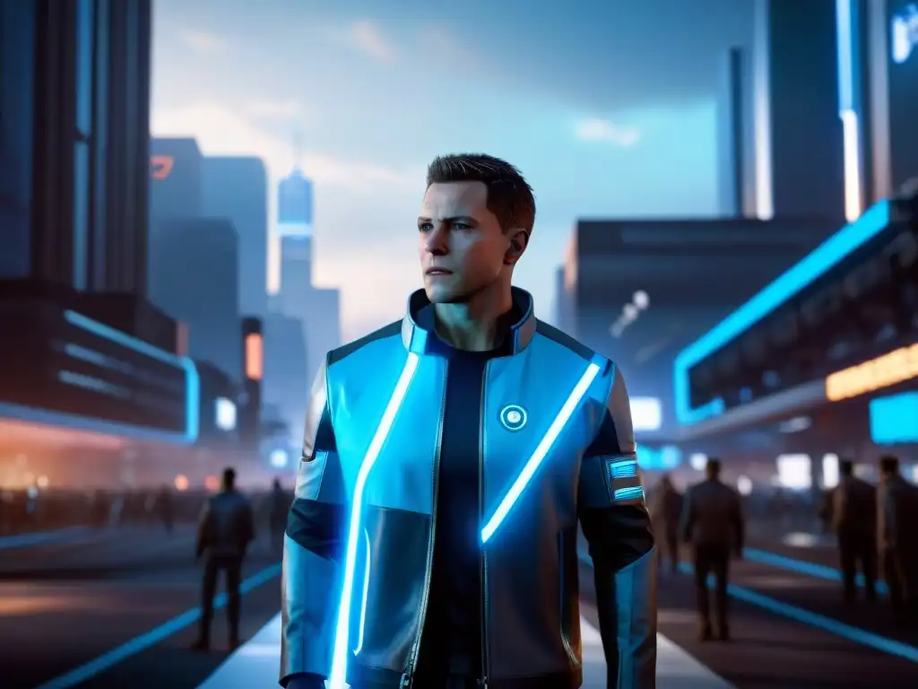 Connor, androide de Detroit: Become Human, en la ciudad futurista al anochecer