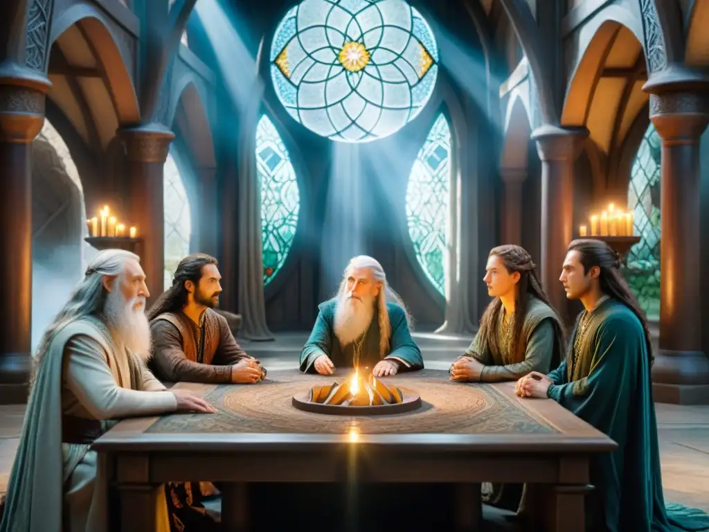 El Consejo de Magos del Señor de los Anillos en Rivendell, reunidos en discusión bajo una luz mística en una escena cinematográfica