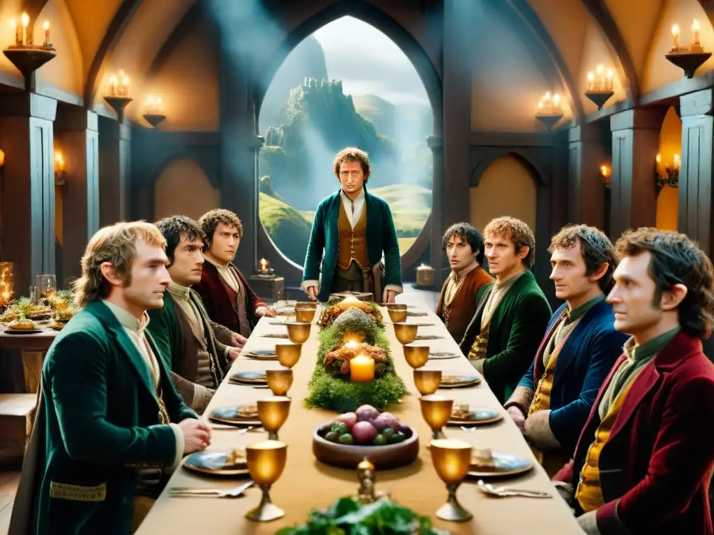 Contraste de clases sociales en El Hobbit: nobleza elegante y pueblo sencillo en un banquete grandioso