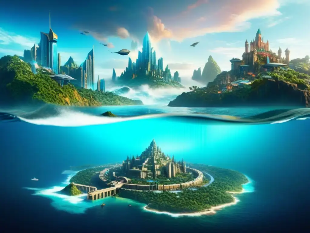 Contraste entre la vibrante ciudad futurista de Atlantis ficción y las teorías geográficas históricas