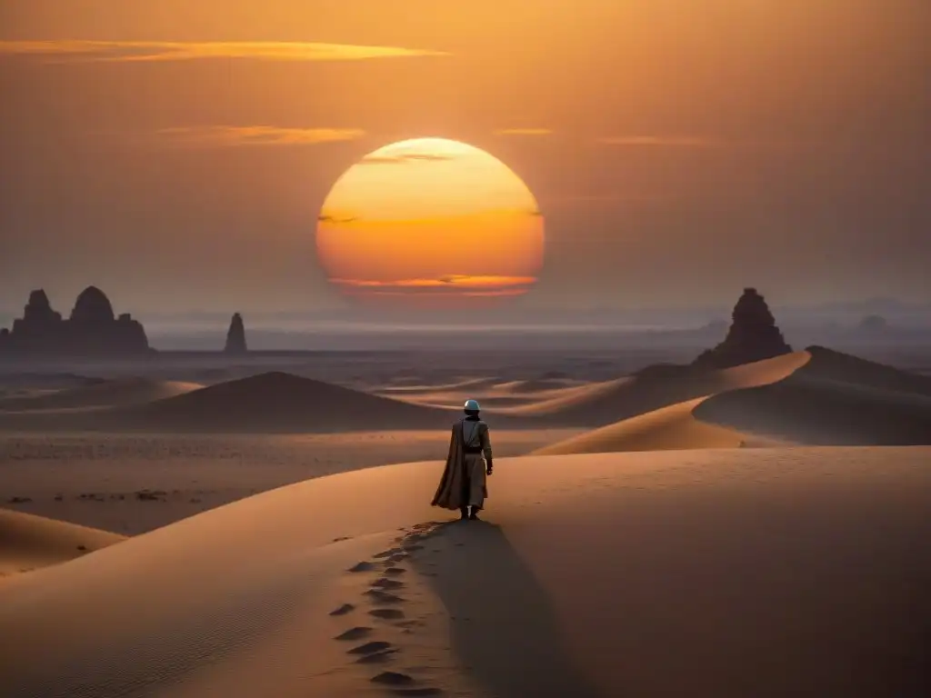 Contrastes geográficos en Star Wars: atardecer en Tatooine con sus dos soles en el horizonte, Bantha solitario y paisaje desértico