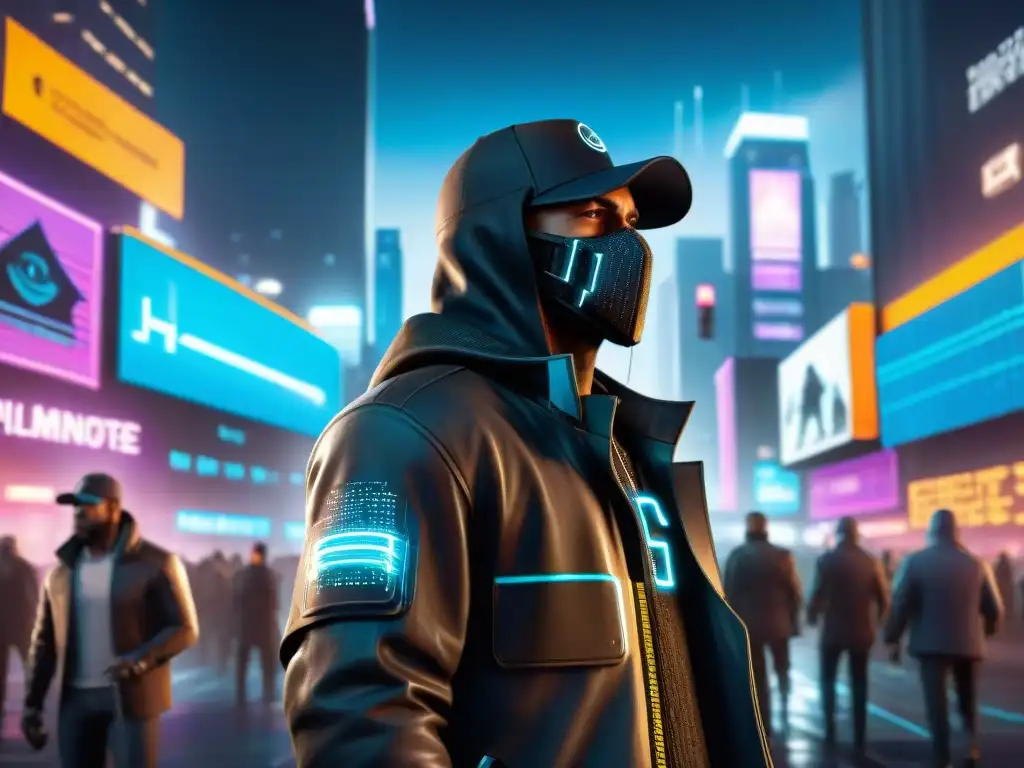 Control tecnológico en Watch Dogs: Hacker nocturno en la ciudad futurista, rodeado de luces neón y pantallas holográficas