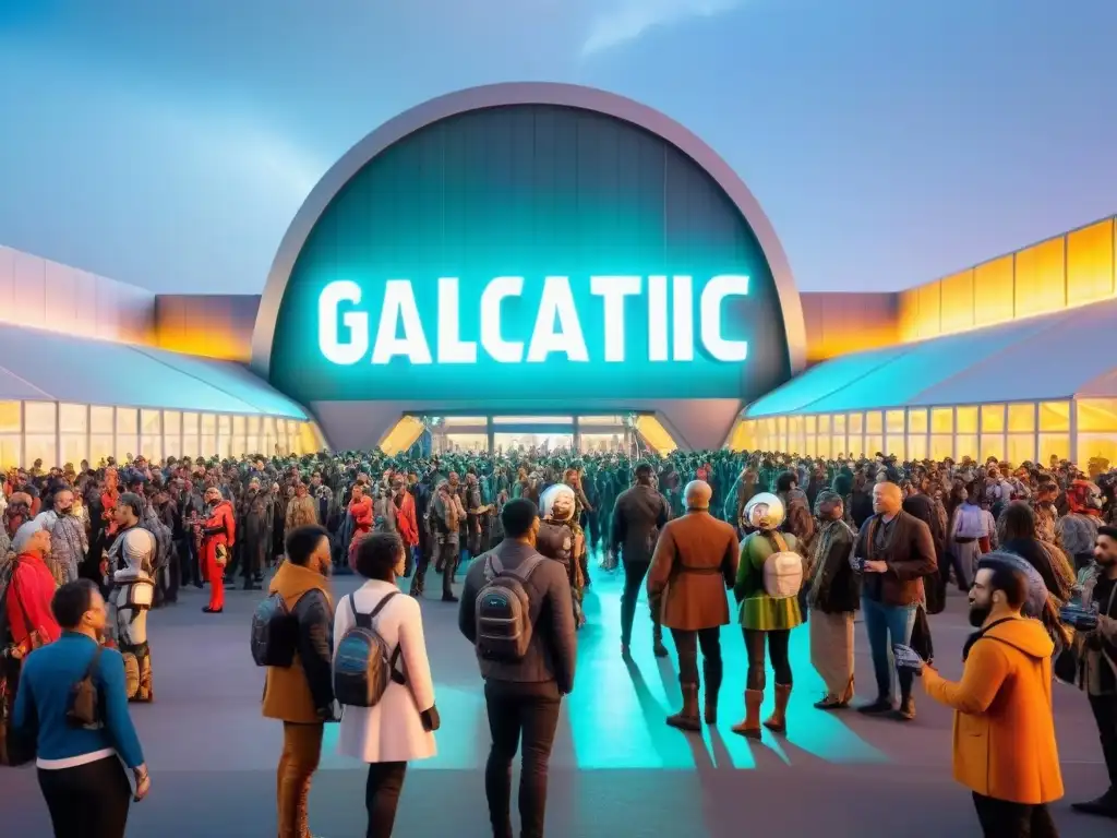 Convención del Espacio: Donde los Héroes se Encuentran Una convención épica de ciencia ficción: fans en trajes detallados se reúnen bajo letrero de 'Galactic Conventions'
