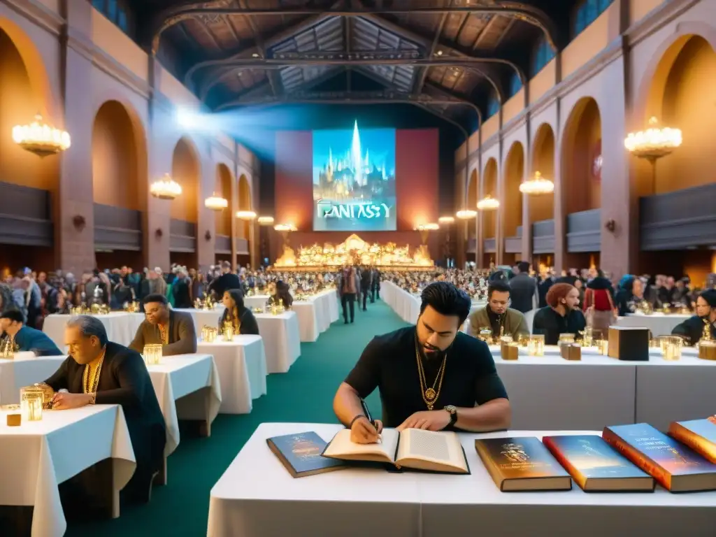 Convención de libros de fantasía con ediciones especiales firmadas en cálida luz dorada