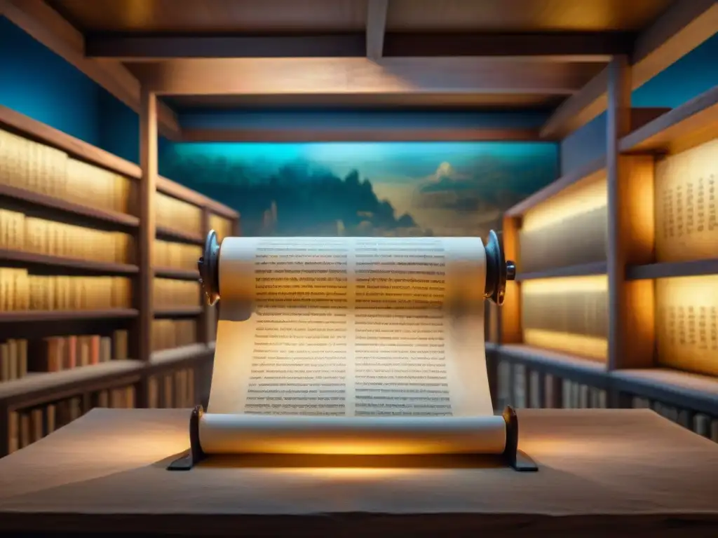 Rollos antiguos: secretos místicos iluminados Descubre creación dialectos leyendas antiguas en pergamino iluminado por luz mística en cámara antigua