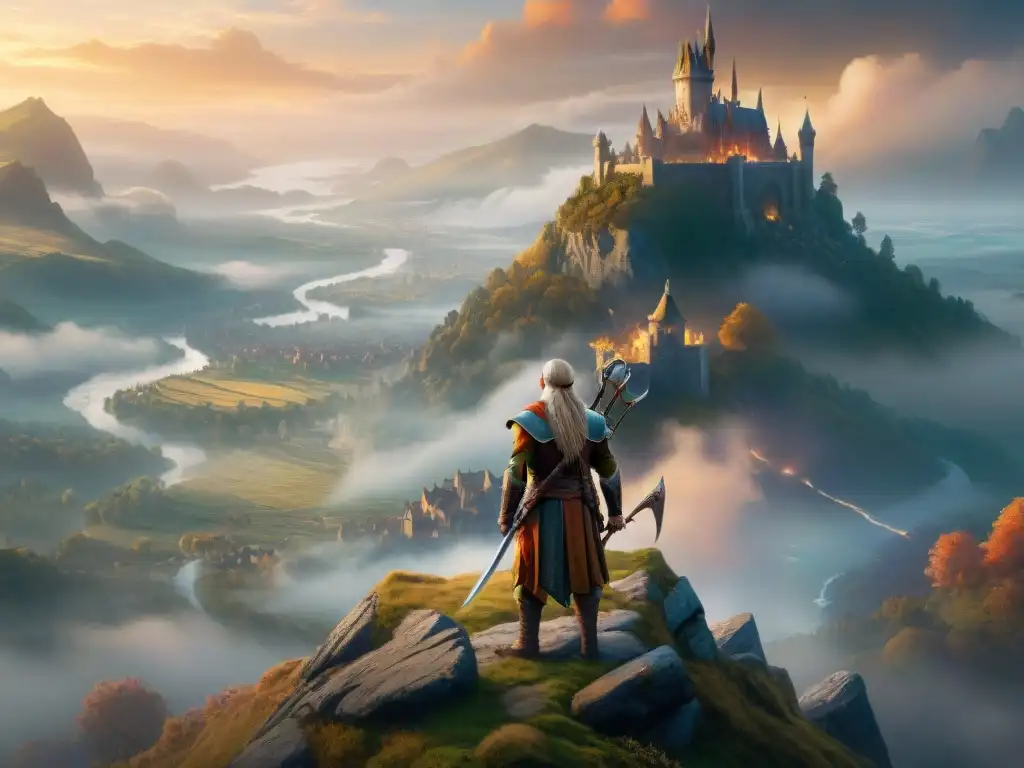 Creación de fan art fantástico: Diversos aventureros en un acantilado, contemplando un paisaje mágico al atardecer