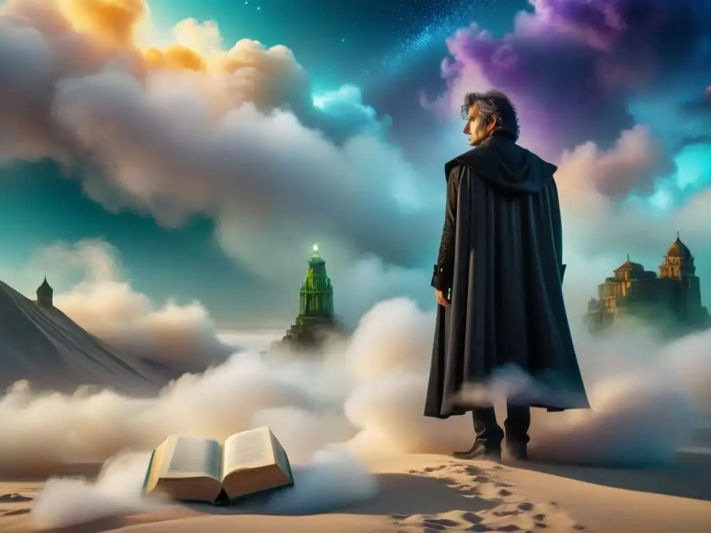 Creación de mitos en Sandman: Dream, el icónico personaje de Neil Gaiman, en un paisaje onírico lleno de libros flotantes y símbolos luminosos