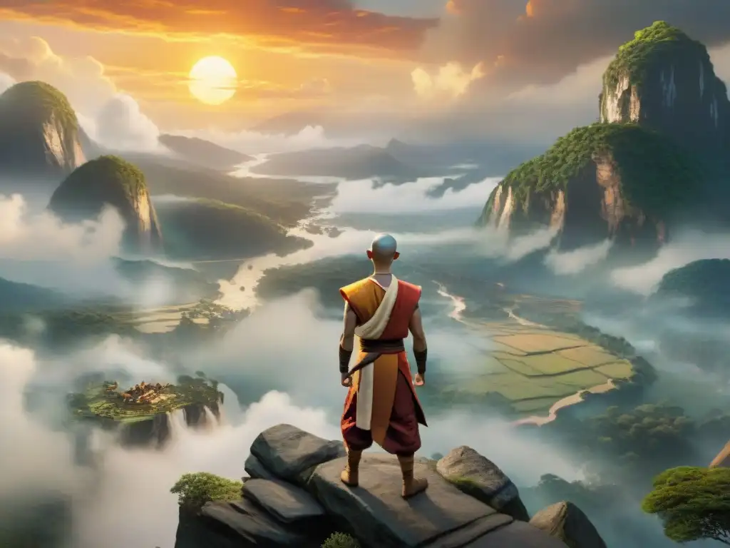 Creación de mundos en Avatar: Aang, el Avatar, en la cima de un acantilado, con el sol poniéndose y la naturaleza en armonía