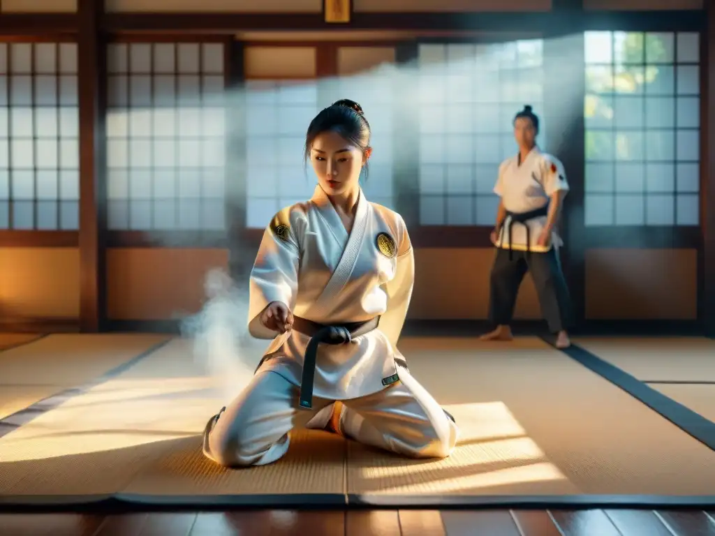 Creación de mundos en Cobra Kai: Dojo japonés tradicional con toque moderno, bañado en luz dorada con estudiantes de karate en movimiento