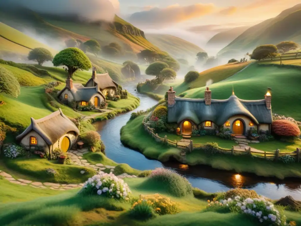 Creación de mundos fantásticos Tolkien: paisaje mágico con colinas verdes, agujeros de hobbits y río al atardecer