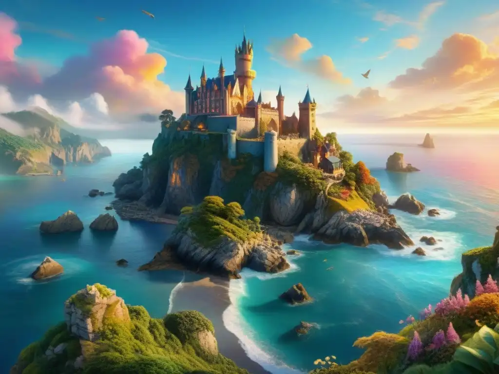 Creación de mundos fantásticos: pintura digital detallada de criaturas místicas, islas flotantes y un castillo majestuoso en un paisaje mágico