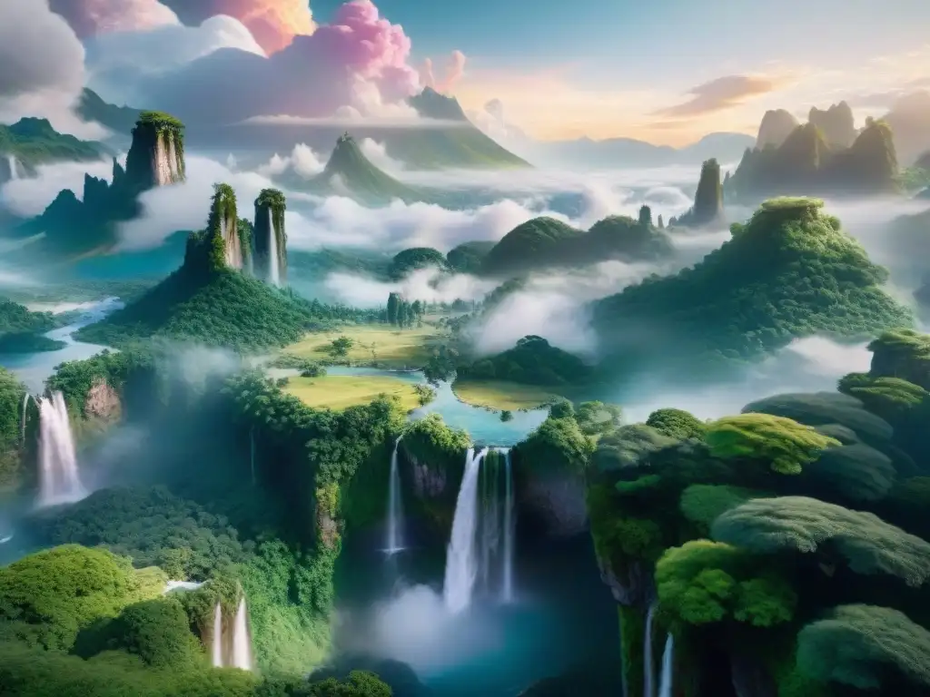 Creación de mundos ficticios: Paisaje fantástico con nubes, bosques, cascadas y criaturas místicas en un escenario mágico y majestuoso