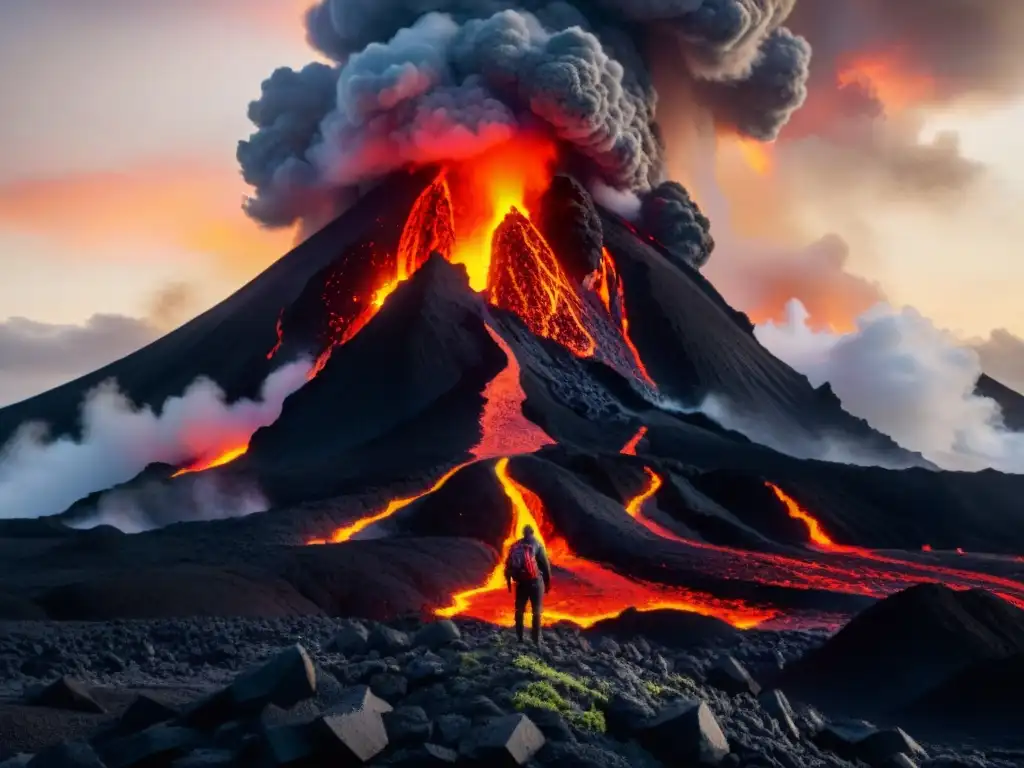 Una criatura de lava en mitología emerge majestuosa y temible de una erupción volcánica, con ojos de fuego y un cuerpo ardiente