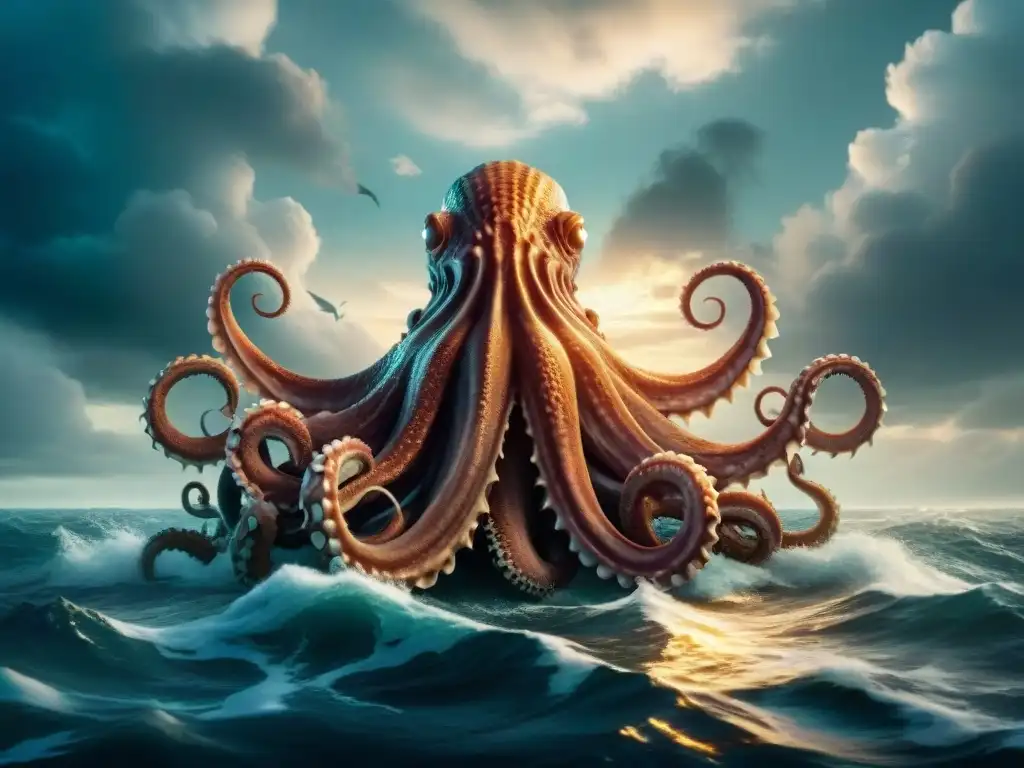 Una criatura marina en narrativa: Un kraken emergiendo de las profundidades del mar en una escena caótica y misteriosa