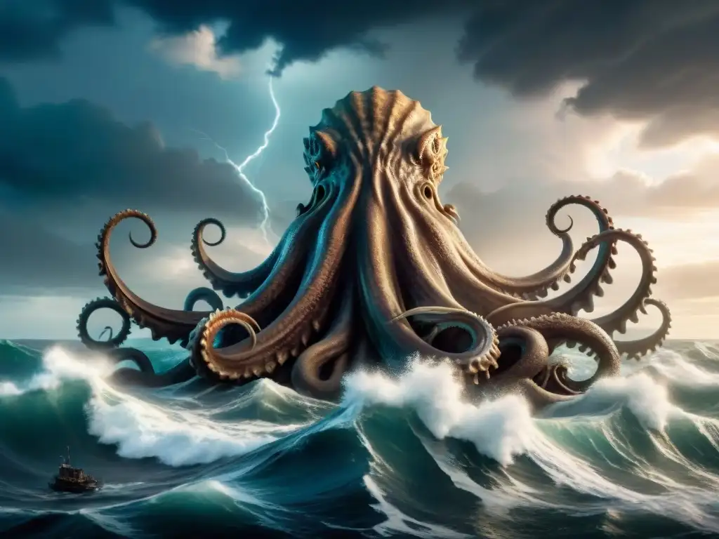 Una criatura marina en narrativa moderna: el imponente kraken emerge de las profundidades, amenazando un frágil barco en medio de la tormenta