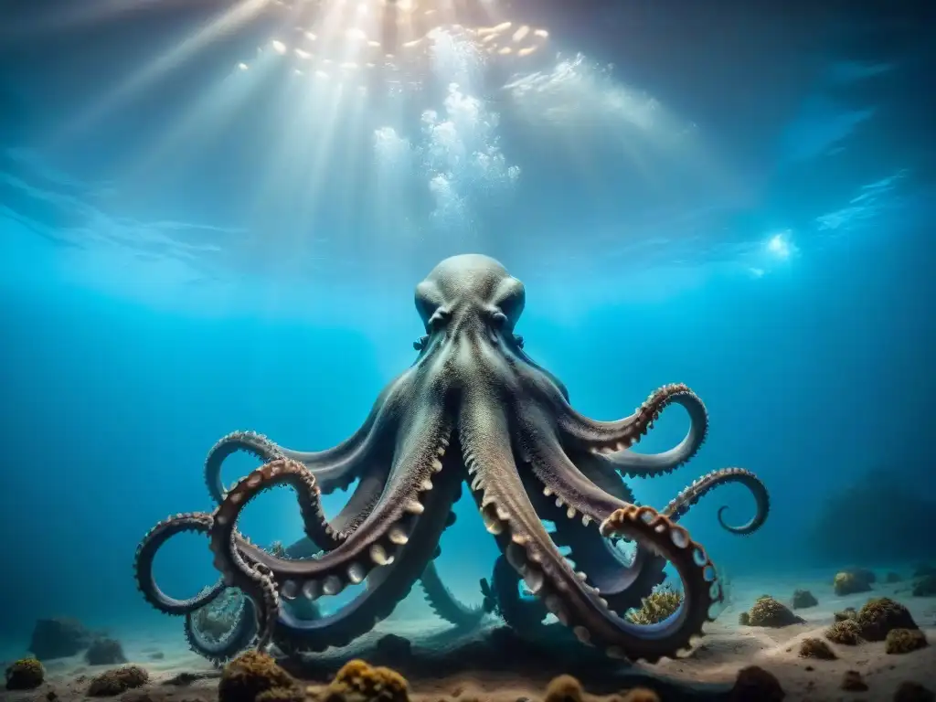 Criaturas abisales misteriosas de las mitologías emergen en un océano oscuro y tenebroso, donde un Kraken gigantesco se acerca amenazante a un frágil submarino iluminado por luces bioluminiscentes azules