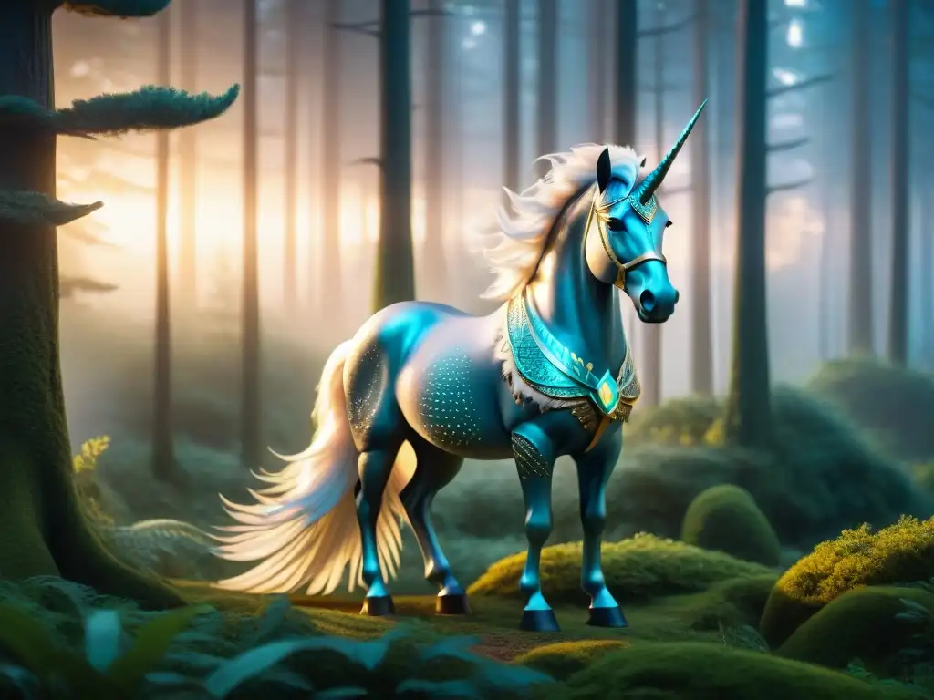 Criaturas cambiaformas en universos ficticios: Un dragón se transforma en unicornio en un bosque místico al atardecer