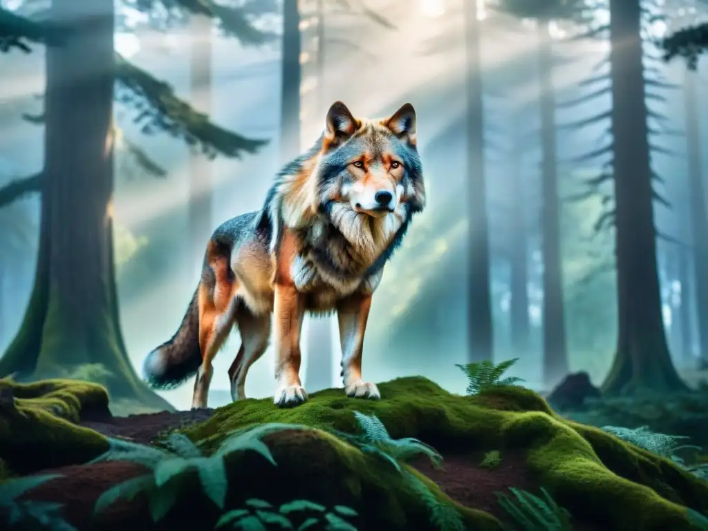 Criaturas cambiaformas en universos ficticios: Majestuoso ser mitad humano mitad lobo en un bosque mágico al anochecer