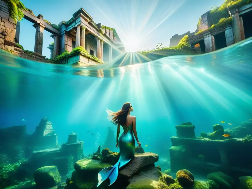 Criaturas enigmáticas en mundos ficticios: Mermaids nadando entre ruinas de ciudad sumergida, rodeadas de peces coloridos y luz celestial