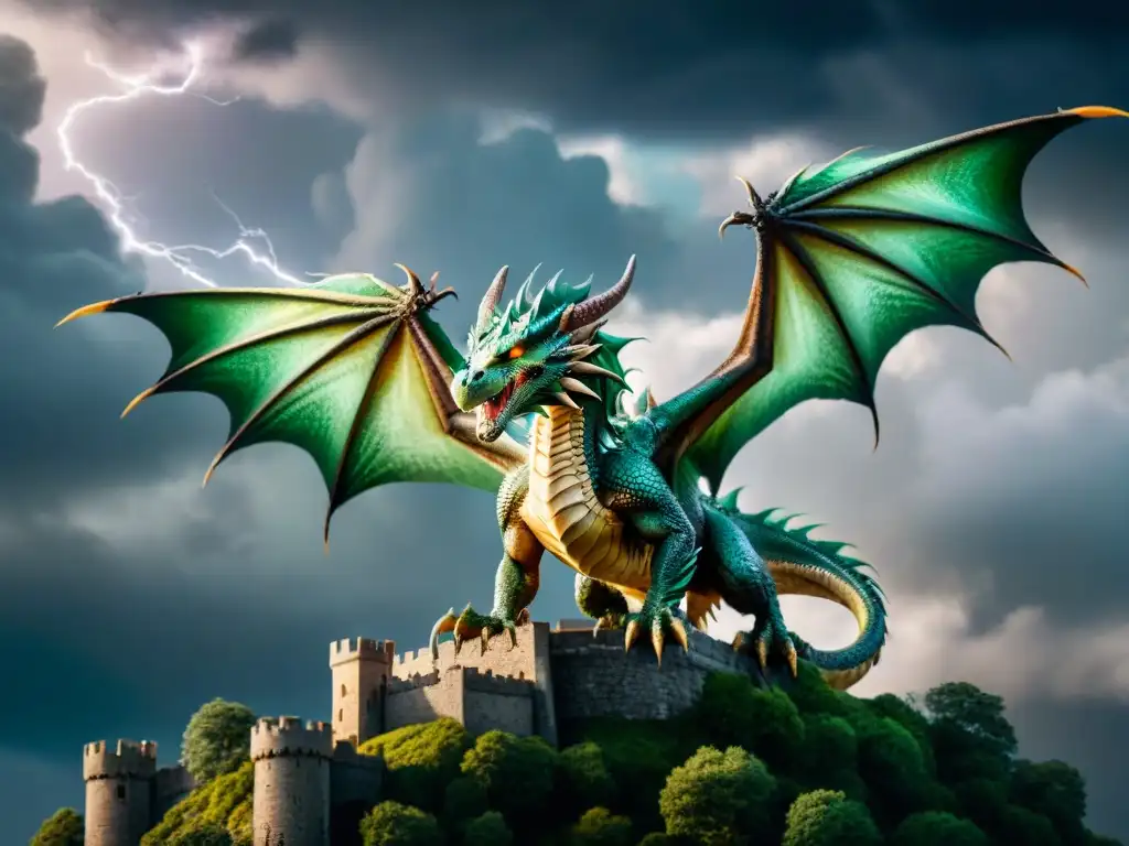 Crear criaturas fantásticas imaginativas: Un dragón majestuoso sobrevuela un cielo tormentoso, con escamas relucientes y ojos esmeralda