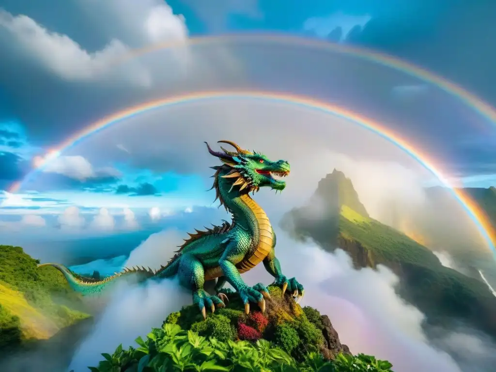 Crear criaturas fantásticas imaginativas: Dragón majestuoso surcando un cielo surrealista con arcoíris doble y cascadas