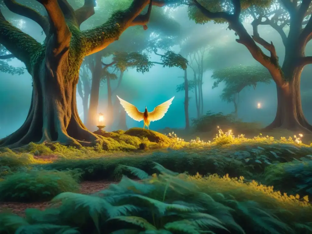 Bosque encantado al atardecer con criaturas místicas y majestuosos dragones Criaturas fantásticas en mundos ficticios: Bosque encantado al anochecer, seres etéreos con alas iridiscentes entre árboles antiguos