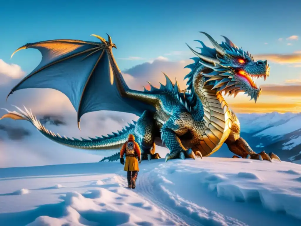 Criaturas del Grishaverse análisis: Épica batalla aérea entre dragones de hielo y fuego al atardecer sobre la tundra helada