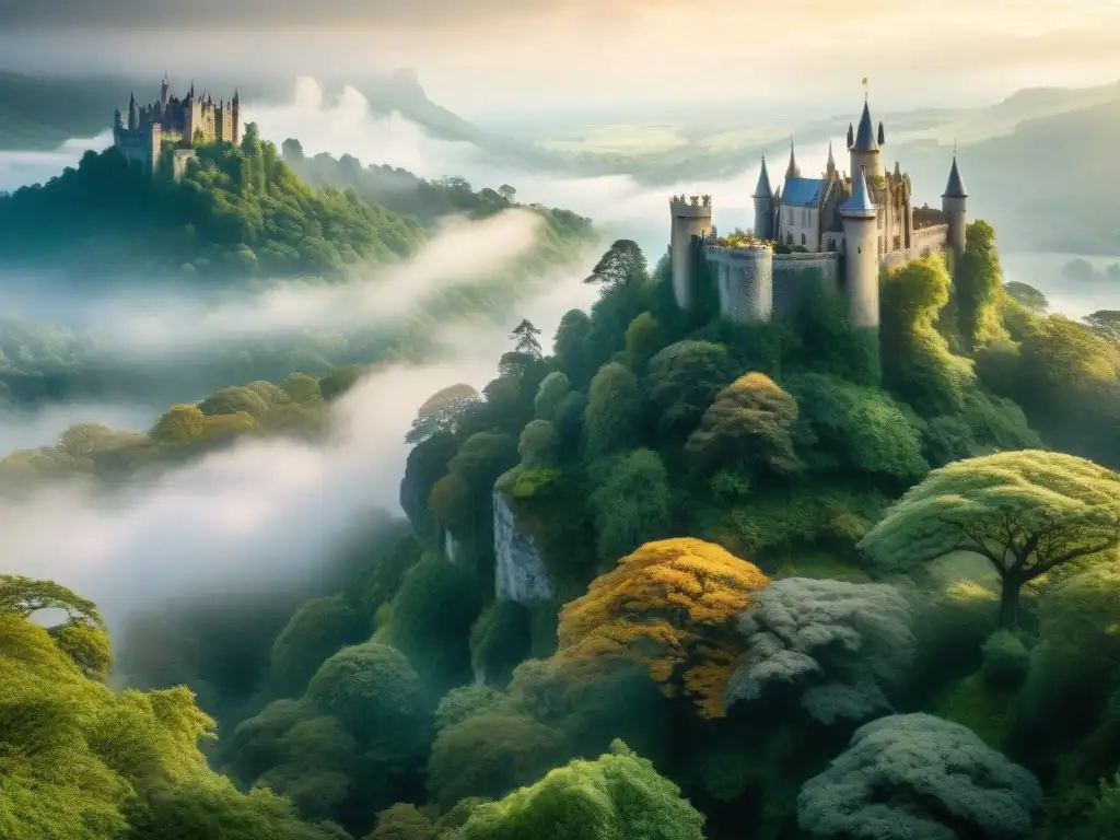 Criaturas imaginarias en mundos ficticios: Un bosque antiguo envuelto en niebla, habitado por unicornios, dragones y grifos entre árboles imponentes