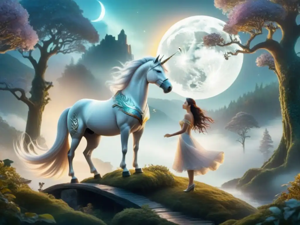 Dos criaturas mágicas, un unicornio y un dragón, comparten un momento de amor en un bosque iluminado por la luna