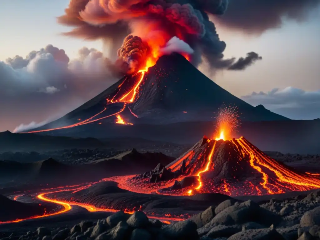 Criaturas de lava en mitología: Volcán arroja magma, iluminando paisaje con tonos naranja y siluetas míticas emergiendo