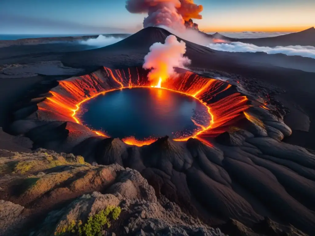 Criaturas de lava en mitología: Majestuoso cráter volcánico escupiendo lava ardiente, iluminando la noche con un resplandor naranja