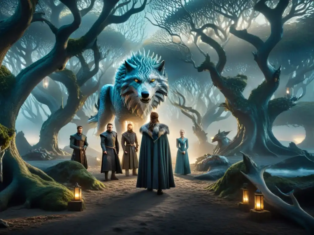 Criaturas míticas de 'Game of Thrones' en un bosque místico iluminado por la luna, evocando los mundos ocultos de la serie