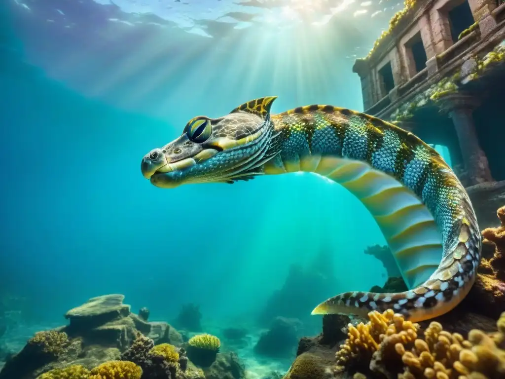 Criaturas subacuáticas mitológicas analizadas: Majestuosa serpiente marina entre ruinas antiguas y peces vibrantes en un escenario etéreo