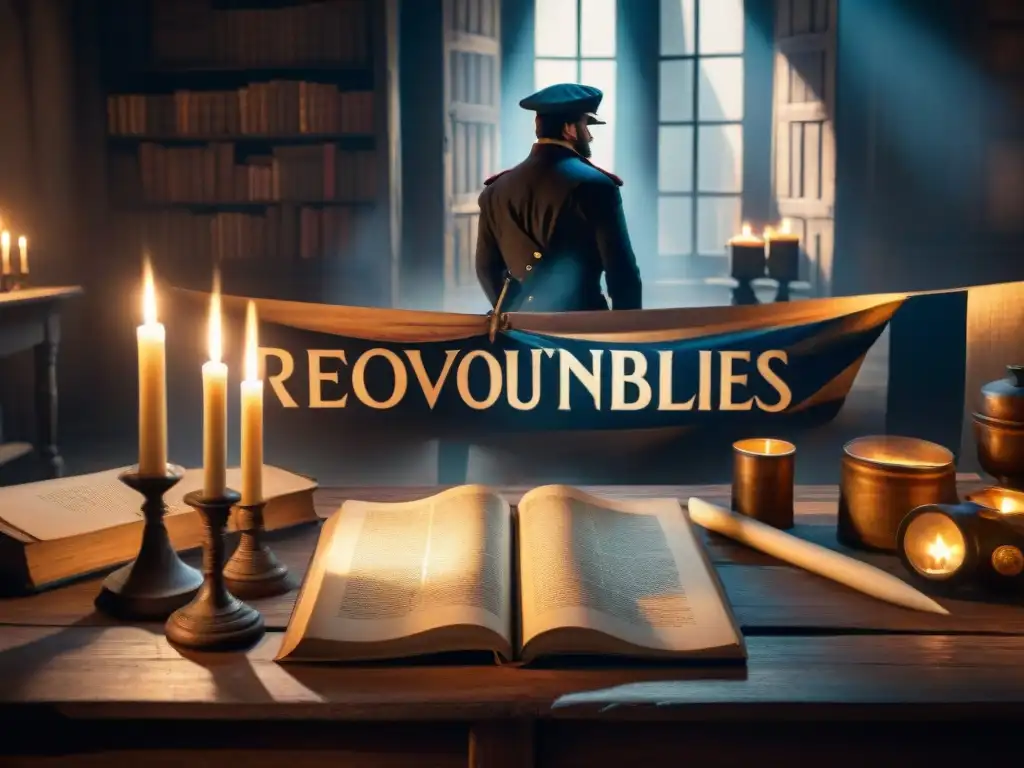 Un cuarto sombrío con banderas revolucionarias desgastadas, velas apagadas y un libro de 'Los Miserables', simboliza la Revolución en Los Miserables análisis