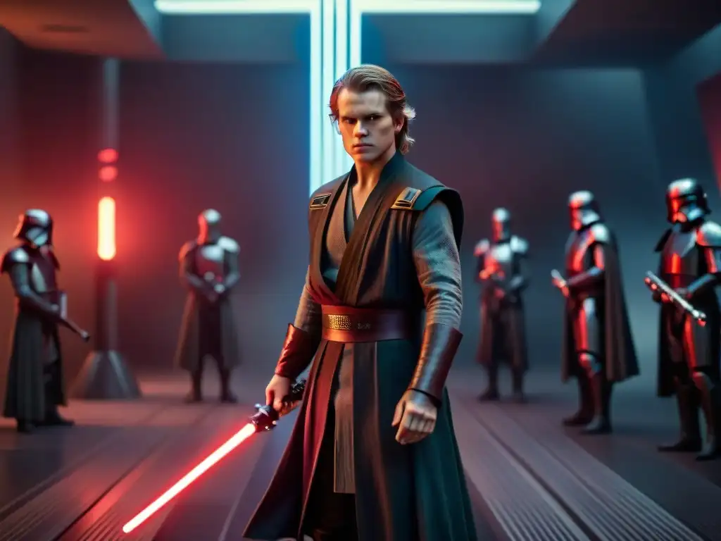 Traición en la penumbra: Anakin Skywalker y su conflicto Anakin Skywalker en un cuarto sombrío, rodeado de figuras con miradas de traición y miedo