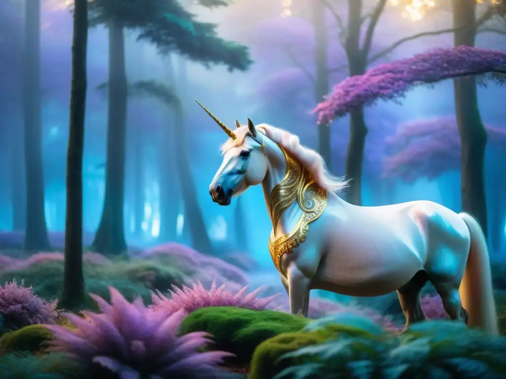 Un cuerno de unicornio brillante con detalles dorados en un bosque encantado