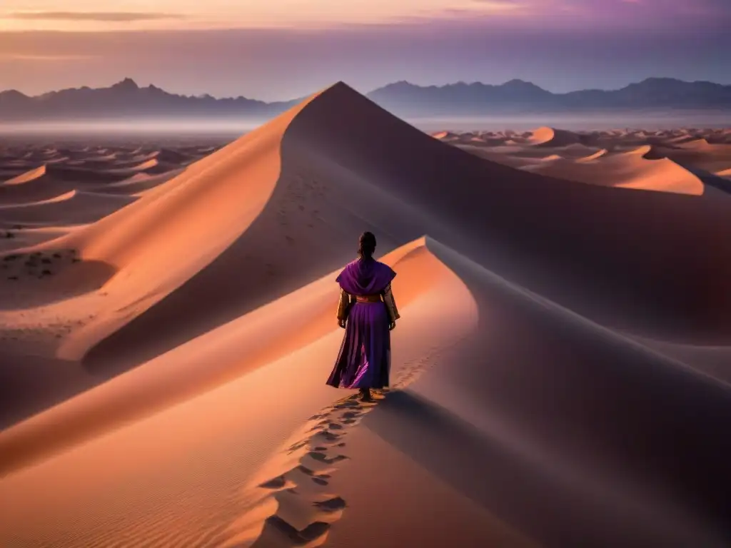 Un profeta de los Cultos de Dune contempla el atardecer en un desierto majestuoso