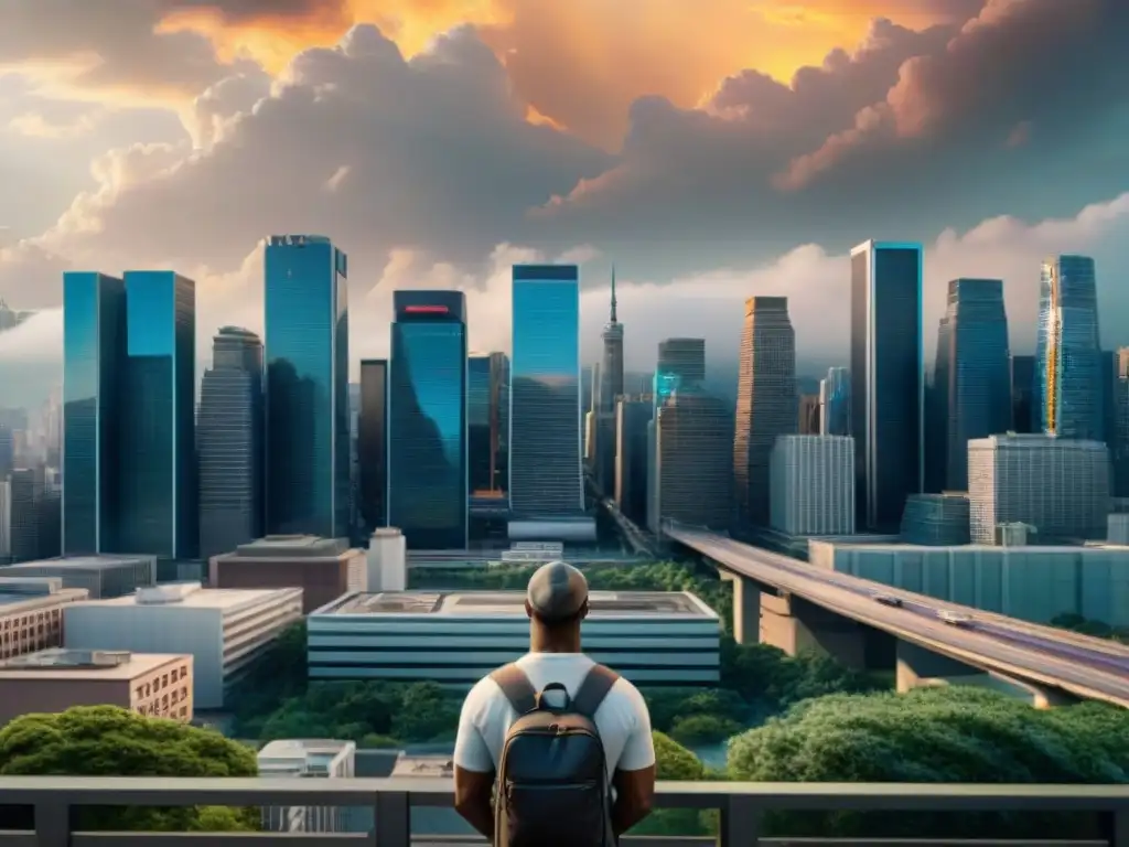 Intersección de mitología y cultura moderna en American Gods: skyline urbano con criaturas míticas integradas sutilmente