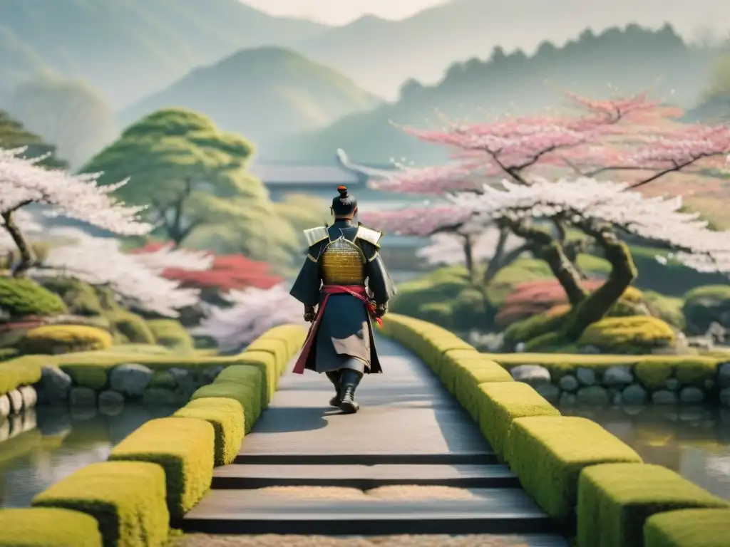 Cultura Samurai en Ghost of Tsushima: Samurai solitario en puente de piedra cubierto de musgo, contemplando jardín japonés en flor