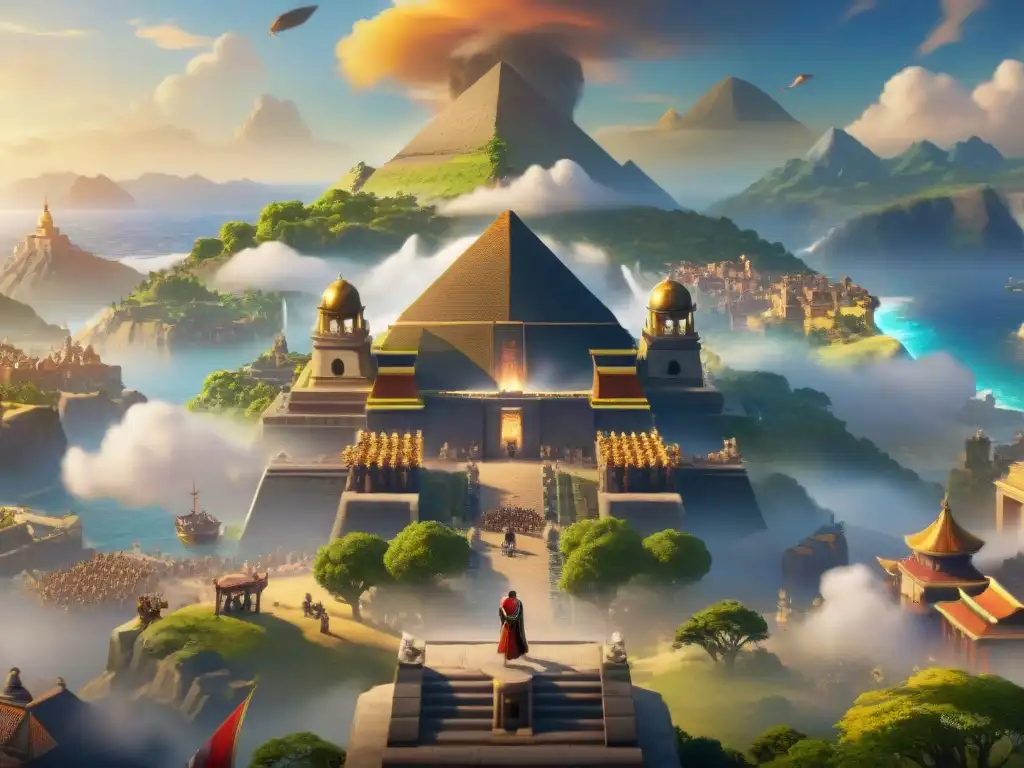 Culturas y estrategias en Civilization VI: Una ciudad antigua bulliciosa con arquitectura detallada y mercados vibrantes al atardecer