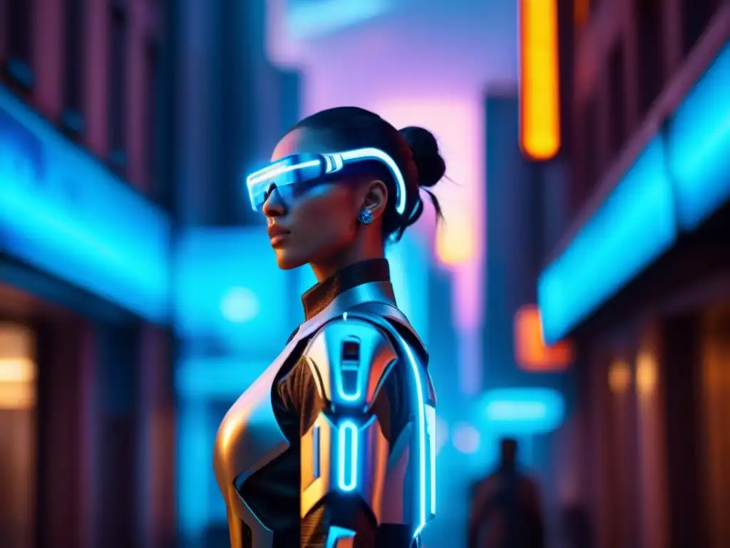 Un cyborg en un callejón futurista iluminado por luces de neón, fusionando humanidad y tecnología