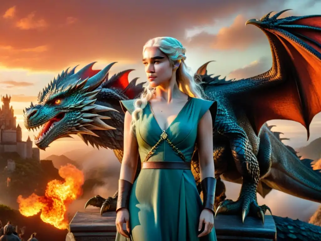 Daenerys Targaryen y sus dragones en un atardecer de fuego