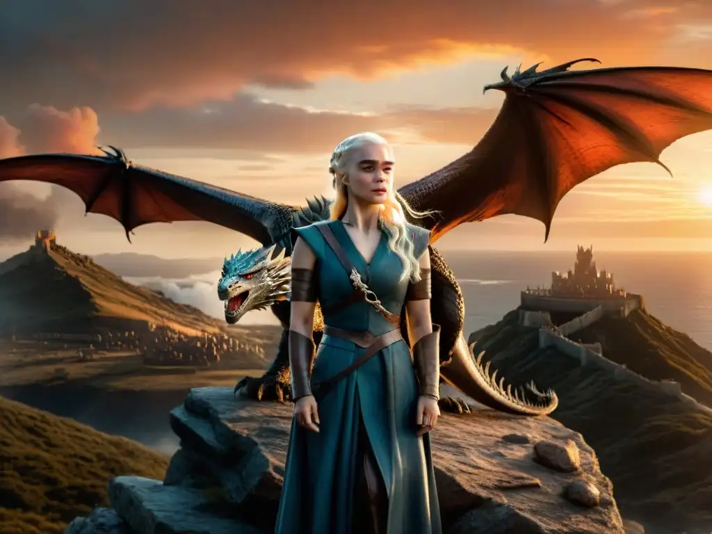 Daenerys Targaryen, líder femenina en tiempos de guerra, observa su ejército al atardecer con Drogon volando majestuosamente sobre ella