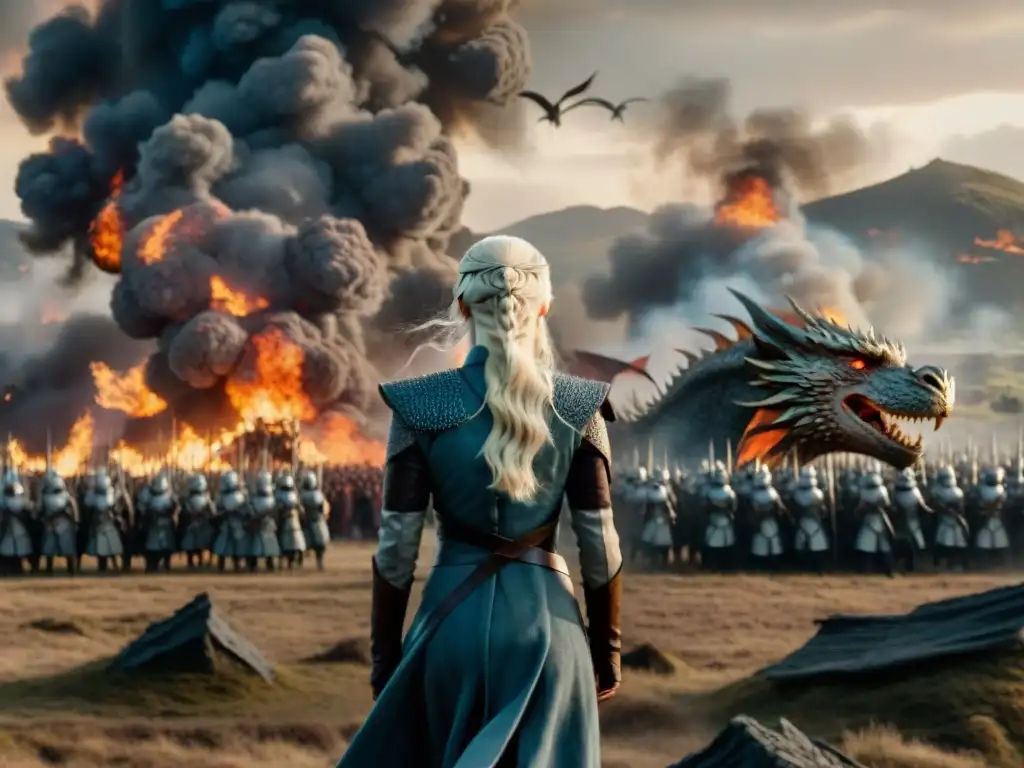 Daenerys Targaryen liderando en tiempos de guerra, con dragones y soldados en un campo de batalla