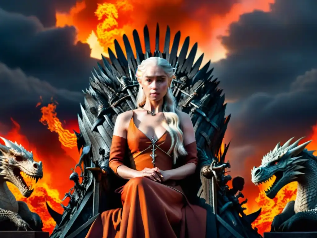 Daenerys Targaryen en trono de cráneos de dragón, rodeada de llamas y tormenta, con sus dragones