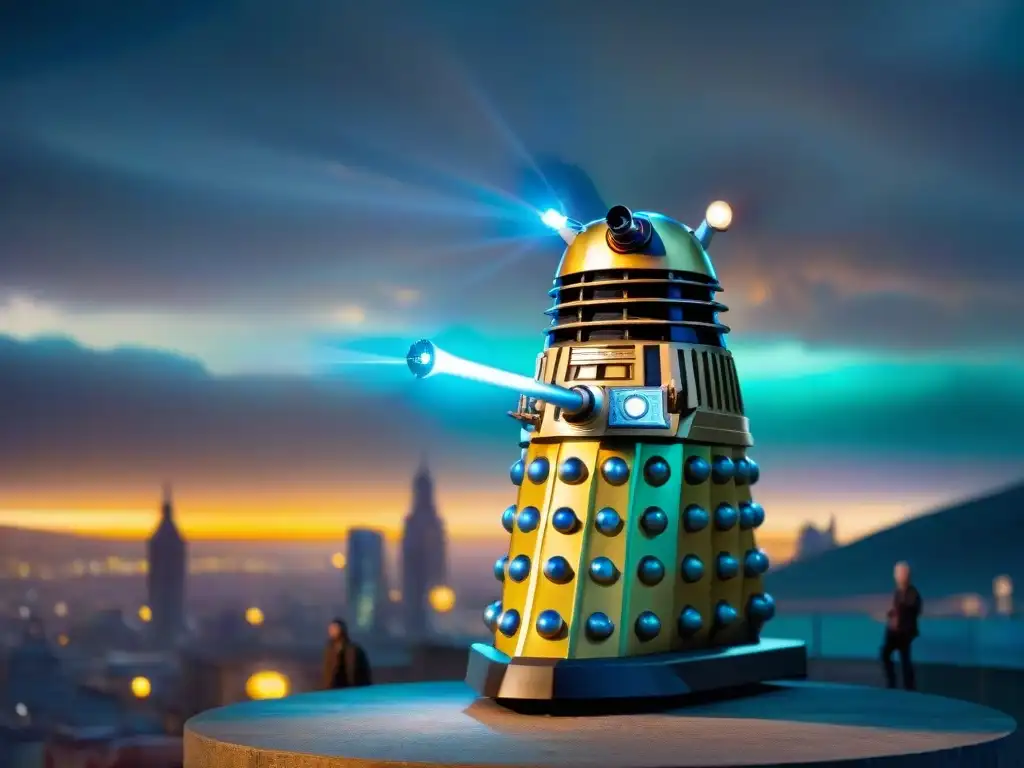 Un Dalek amenazante en una ciudad futurista con luces de neón, exploración de mundos ficticios en Doctor Who