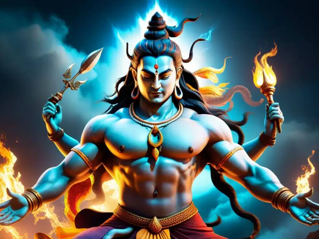 La danza de Shiva en un apocalipsis de fuerza y caos, mostrando la intensidad de la creación y destrucción