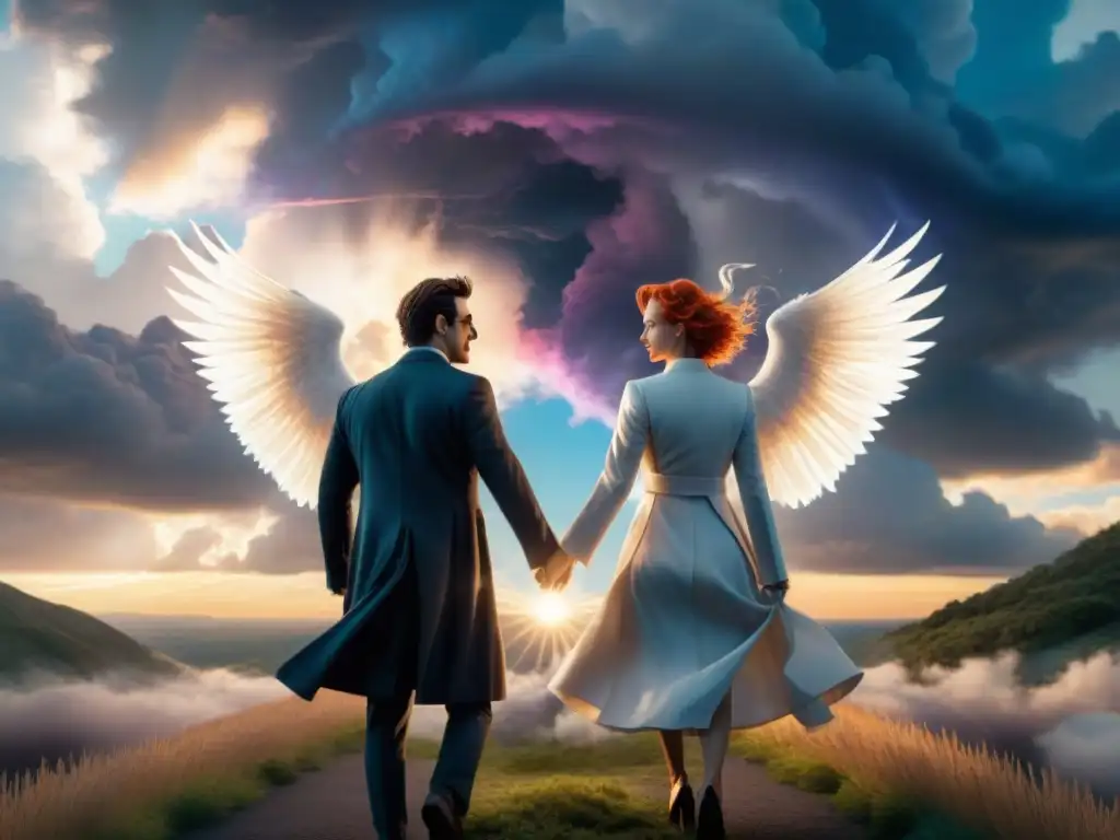 Una danza celestial entre un ser y un demonio, reflejando la dualidad en Good Omens análisis